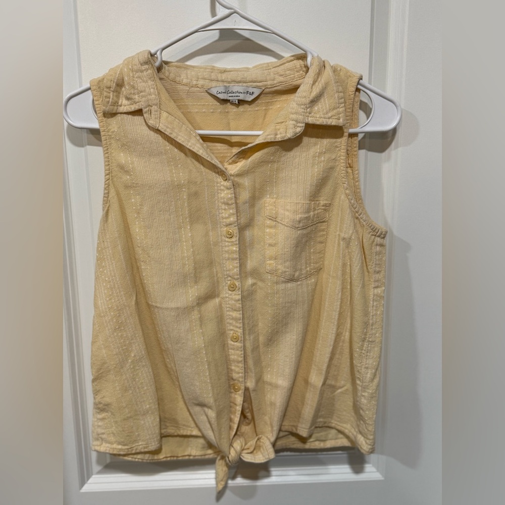 F&F Yellow Sleeveless Button Top US 4 Tie Front Collared Blouse